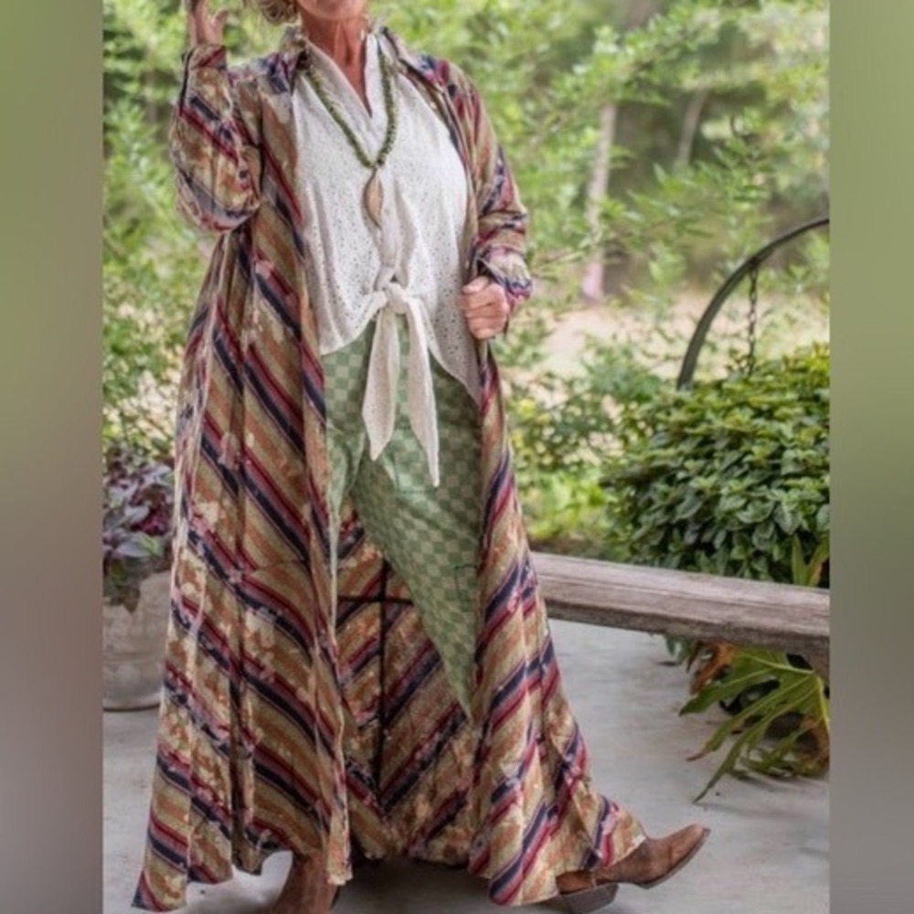 Jaded Gypsy Fade Away Duster Striped Cotton Maxi Shirt Dress Boho Multi S/M b5